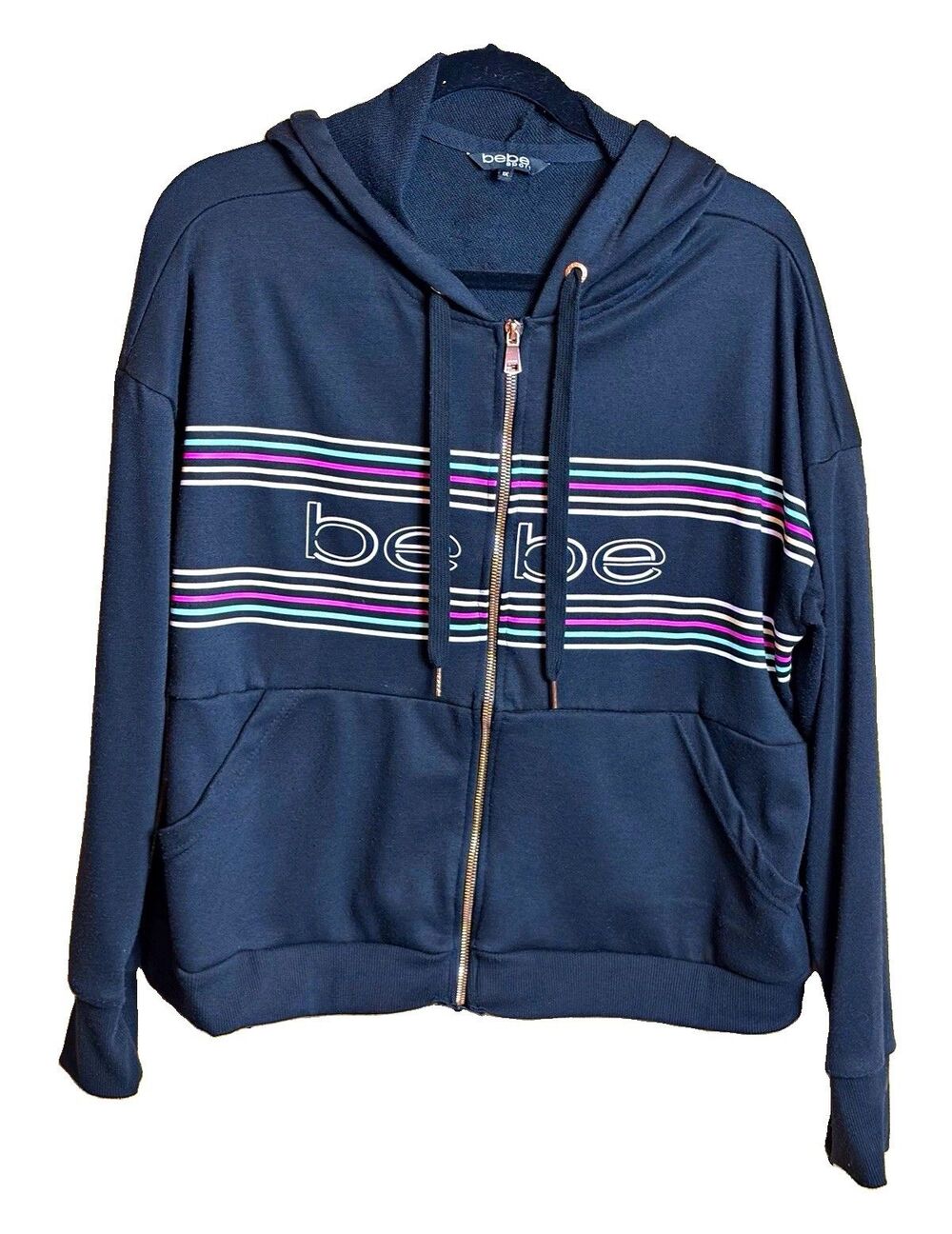 Bebe Women’s 1X Black Striped Full Zip Hooded Jacket Y2K 90’s